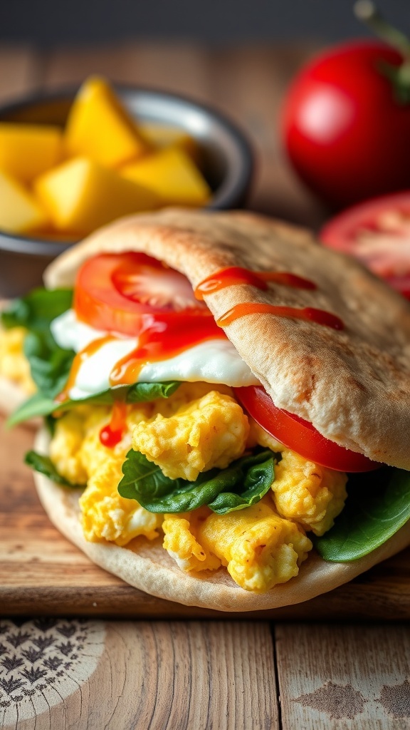 A breakfast sandwich in pita bread with eggs, spinach, and tomato, served on a wooden table with fruit.